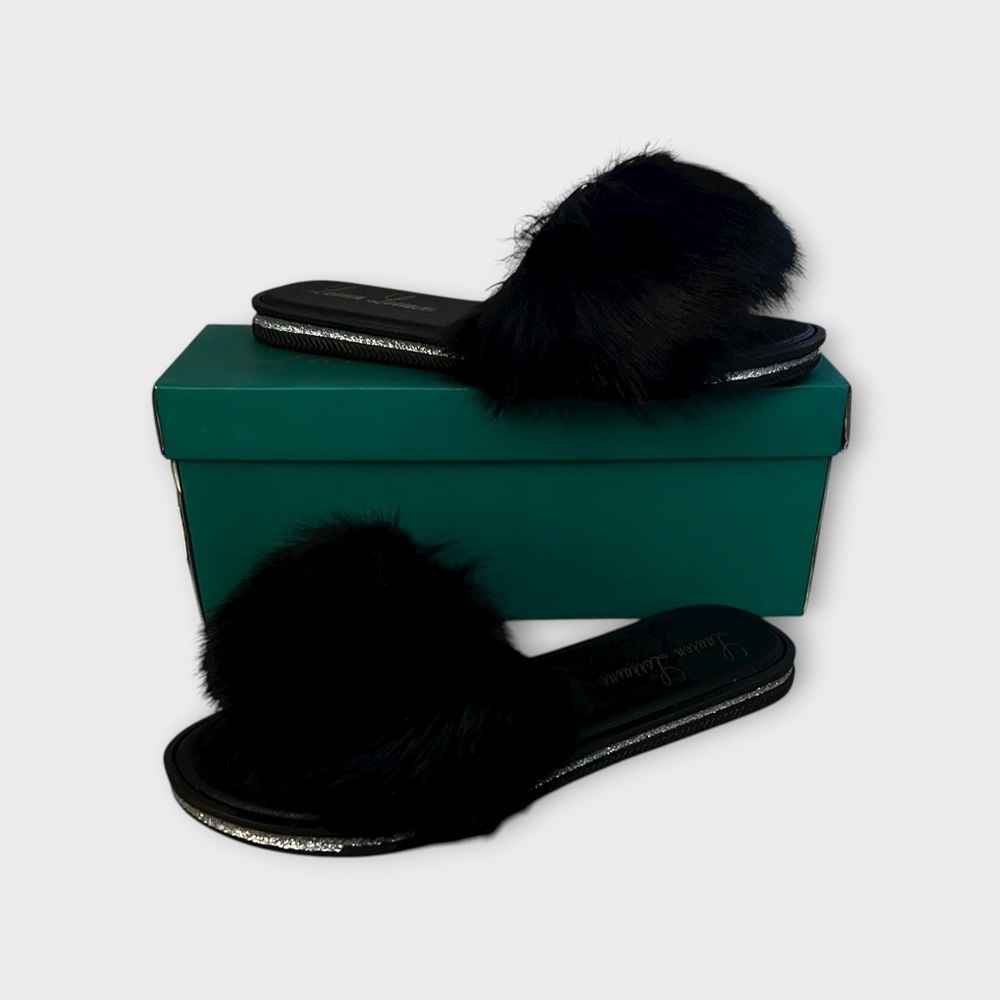 Lauren Lorraine Black Faux Fur Sandals Slides Slippers Size M New In Box